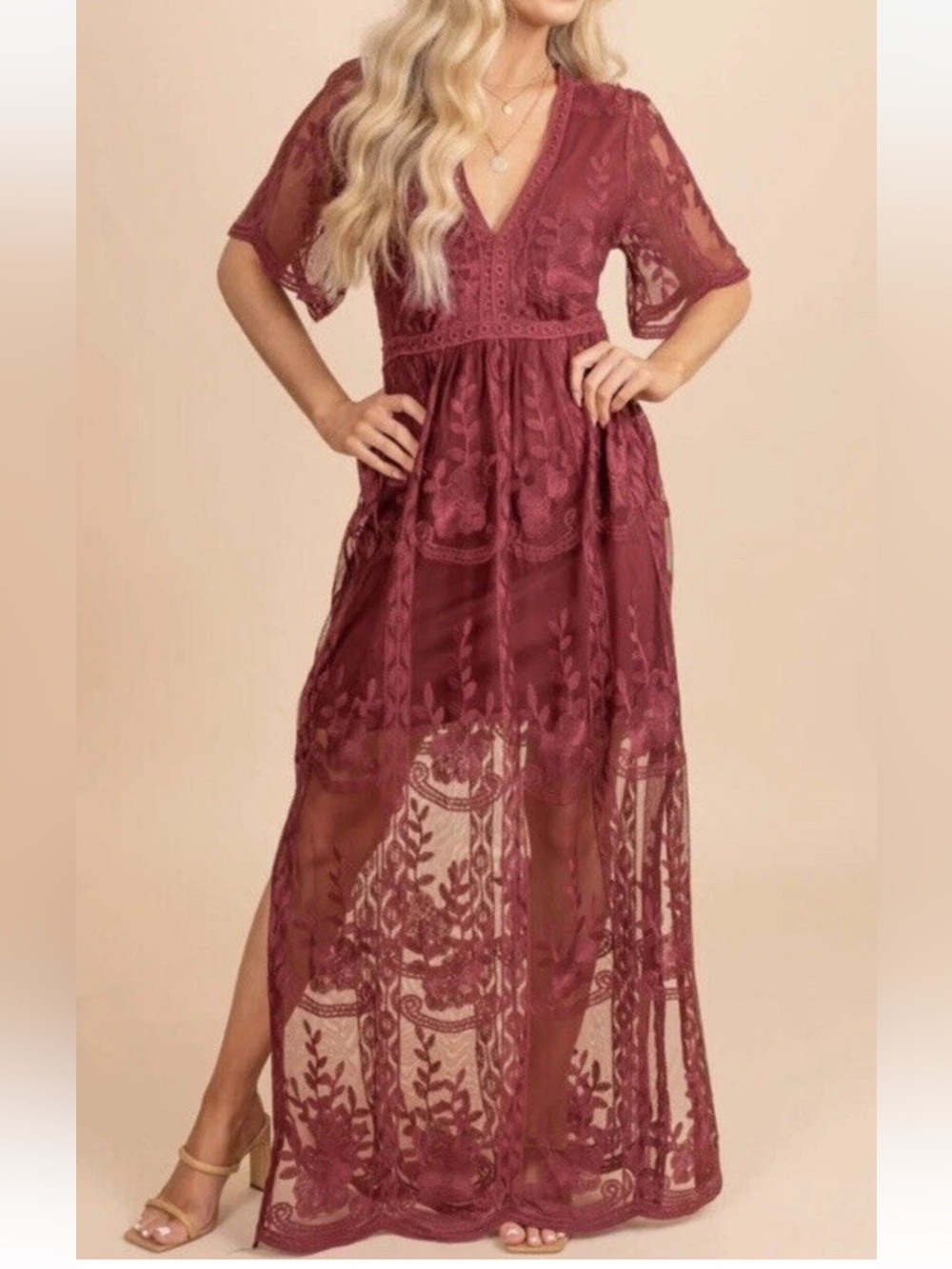 Eleter Women’s Burgundy Lace Maxi Dress Size Small Romantic Boho Festival